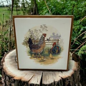 H. Arndt Vintage Rooster Hen Chicks Ceramic Trivet Tile Wood Frame Japan